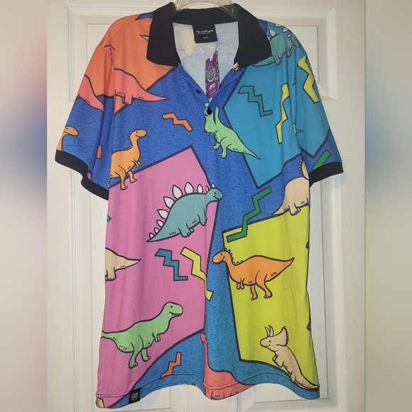 Fresh Hoods Men's Dinosaur Polo Shirt Size XX‎ Large Bright Colorful 80s Vibe - Picture 1 of 10